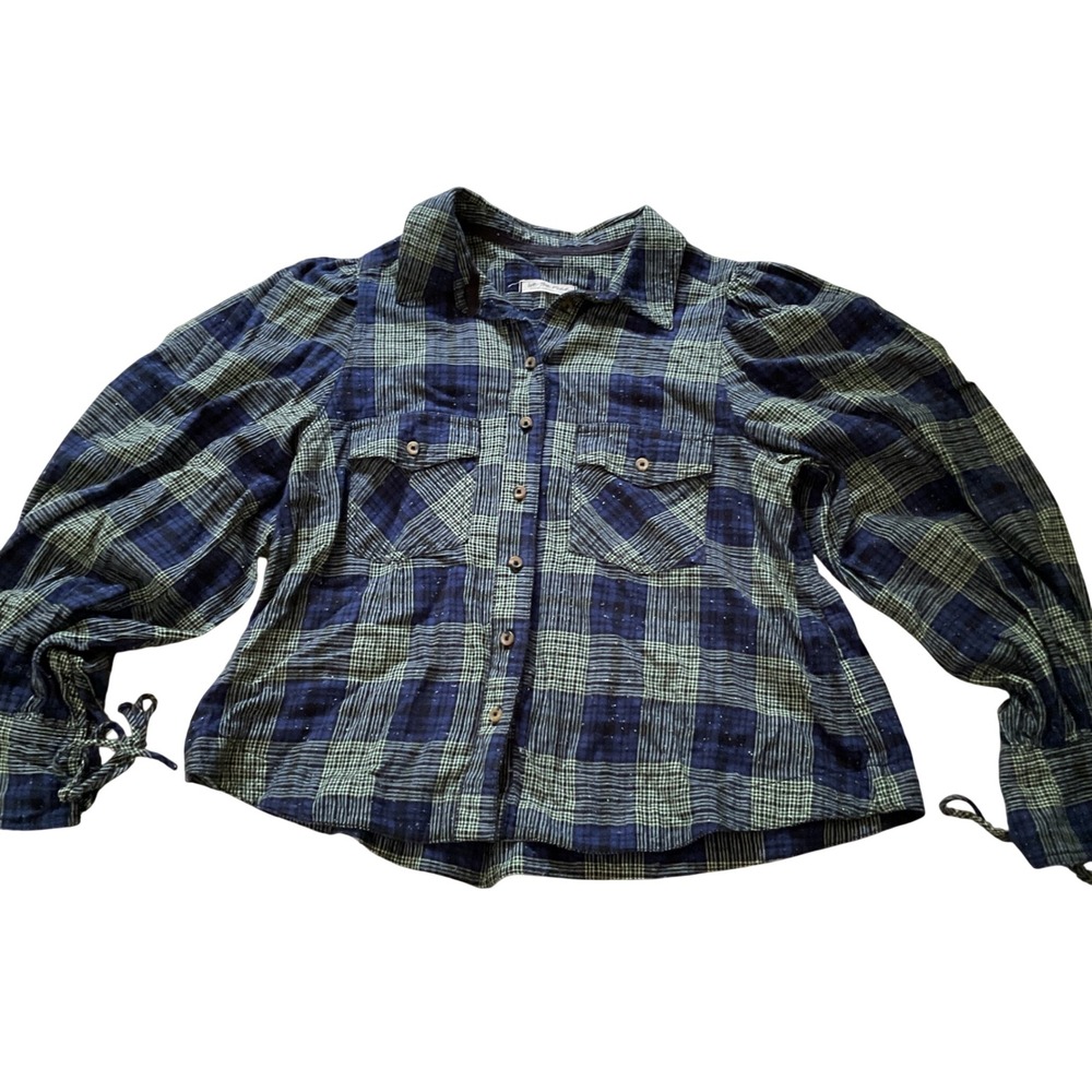 We The Free Free People Plaid Puff Sleeve Button Down Shirt Navy Green Medium